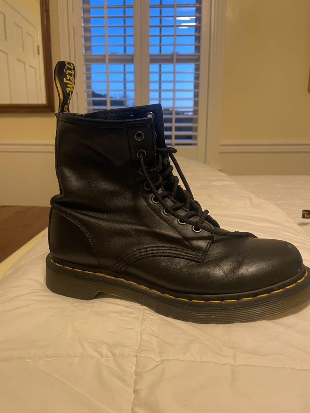 Dr. Martens Black Leather Lace-Up Boots with Yellow Stitching